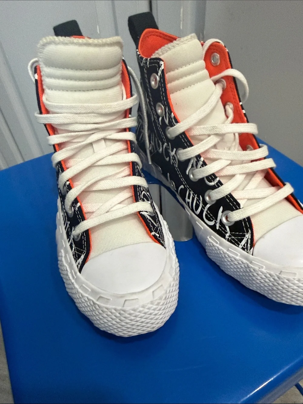 Converse Kids High-Top Sneakers in White, Black & Orange